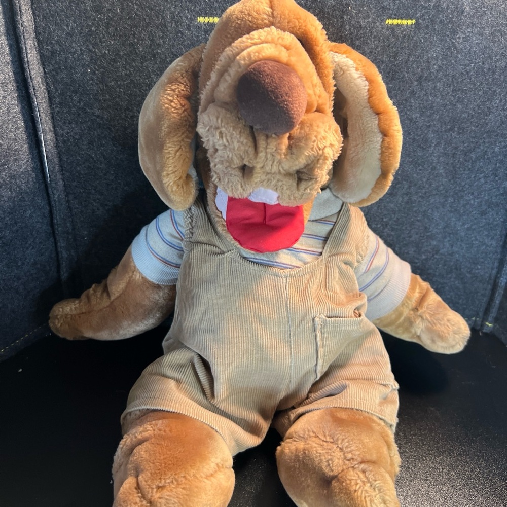 Vintage 1983 Ganz Bros Wrinkles The Dog Hand Puppet Plush Overalls Striped EUC